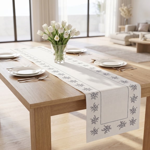 Vintage Blue Flower Embroidered Table Runner, TOUMENY Elegant Floral Linen Table Runner, 13x72 Inch Washable Dining Table Decor for Kitchen Console Sideboard