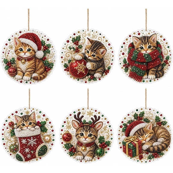 New 6 PCS Christmas Decor Diamond Painting Christmas Ornaments, Diamond Art Kits for Adults, Pearl Wooden Hanging Pendant DIY Craft Kit,Home Party Gift for Adults (Xmas Cats) (Xmas Cats)