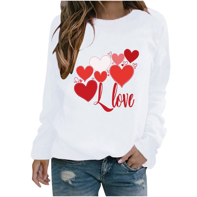 Amzcrzy Sweat-Shirt pour Femmes Col Rond Manches Longues Chemises de la Saint-Valentin Graphiques Amusants Légers Amples Chandail de Vacances