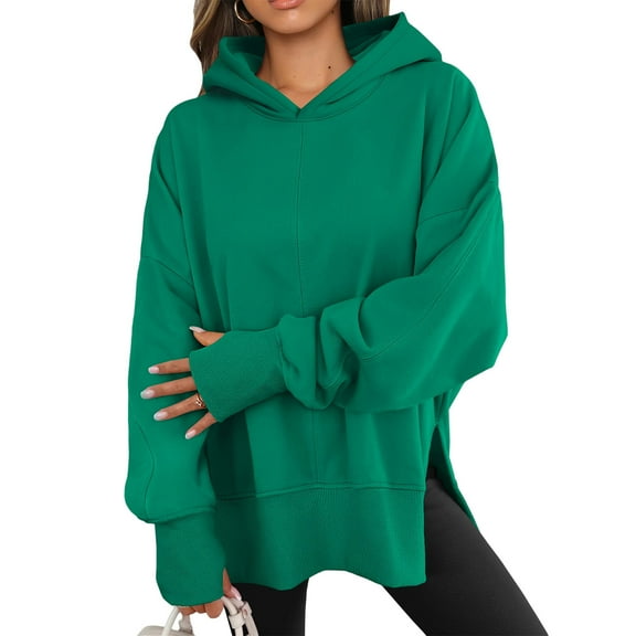 Lumtrix Oversized Hoodies For Women Trendy Side Slit Pullover Long Sleeve Sweatshirts Loose Fit Y2K Hoodie With Thumb Holes Dark Green 2XL