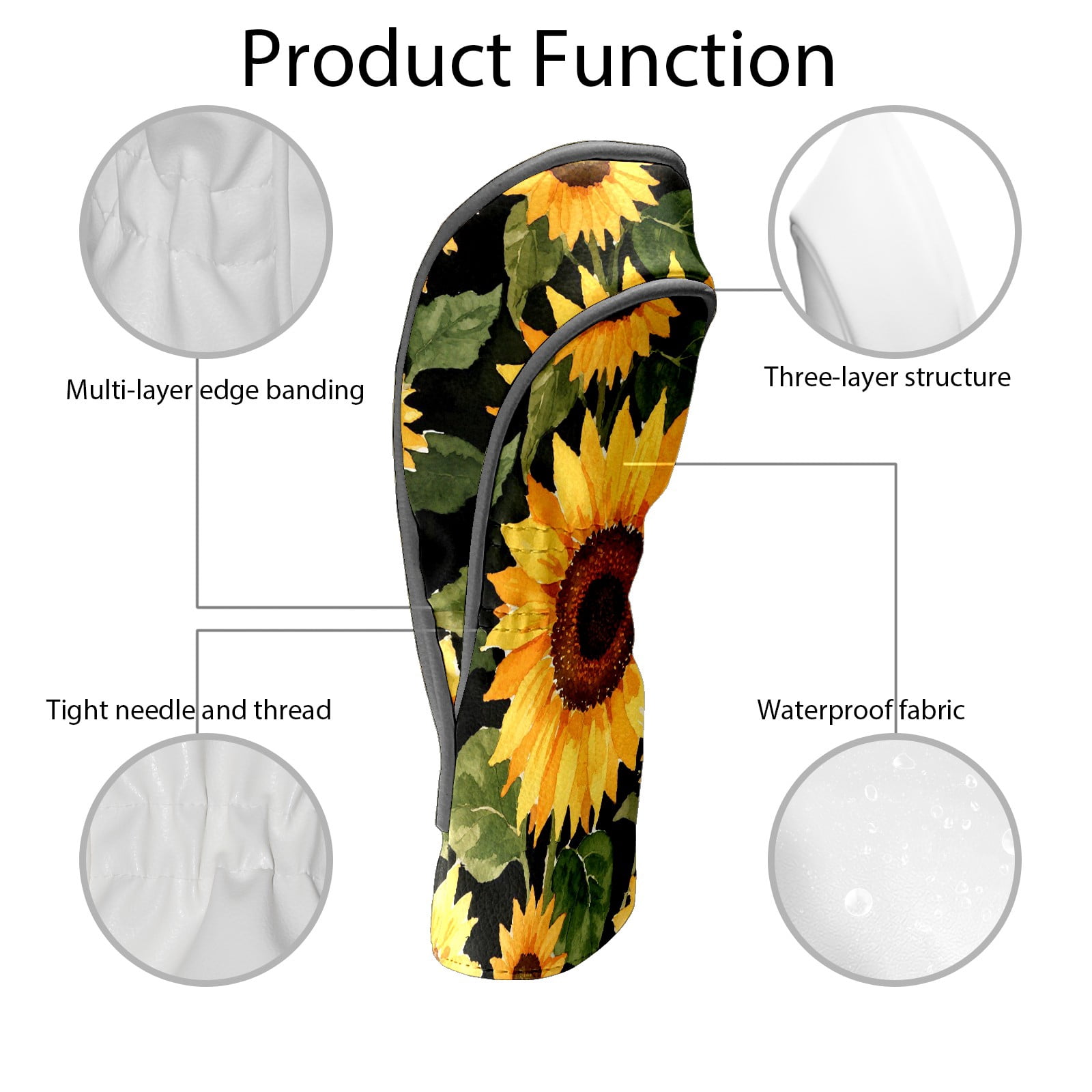 Golf Club Covers, Black Sunflower Premium PU Leather Driver Hybrid Putter Head Covers with Velvet Lining, Waterproof Golf Gifts for Men Women