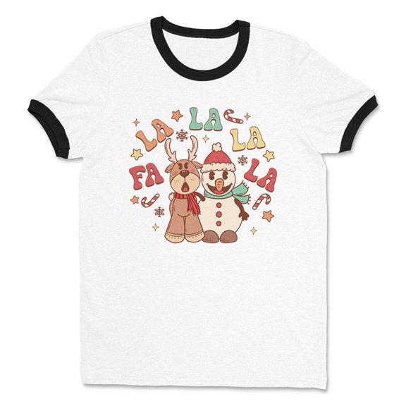 Singing Snowman and Reindeer Ringer Tee Shirt Unisex Large White/Black