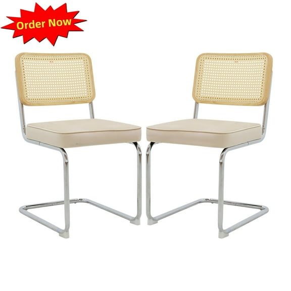 Tcbosik 2 Pack Rattan Dining Chairs, Velvet Fabric Accent Chair with Metal Legs, Upholstered Side Chair for Kitchen, Bedroom, Living Room, Champagne