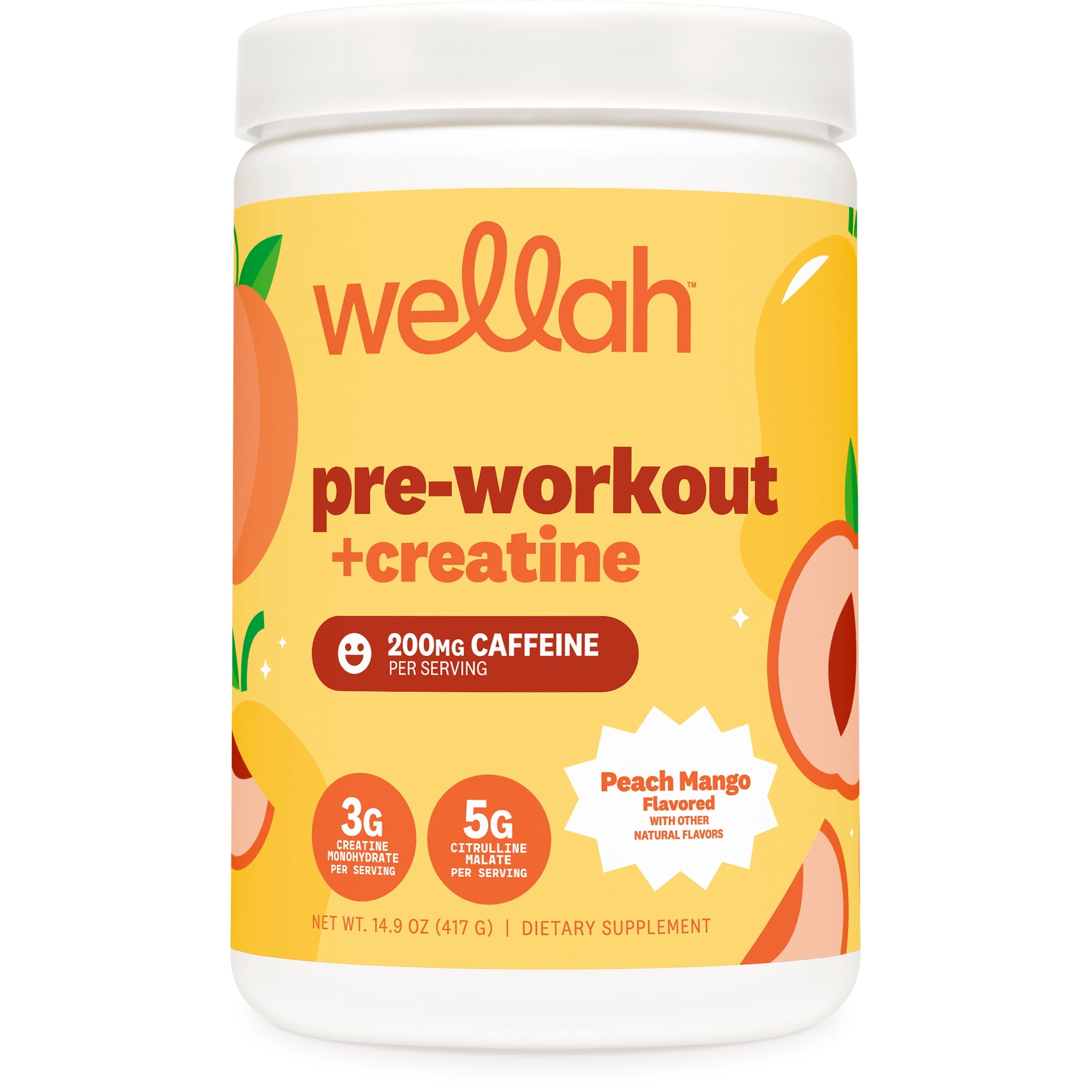 Wellah Pre-Workout + Creatine Powder (30 Servings) Peach Mango - 200mg Caffeine, 3g Creatine Monohydrate, 5g Citrulline Malate, Pre-Workout with Creatine Supplement