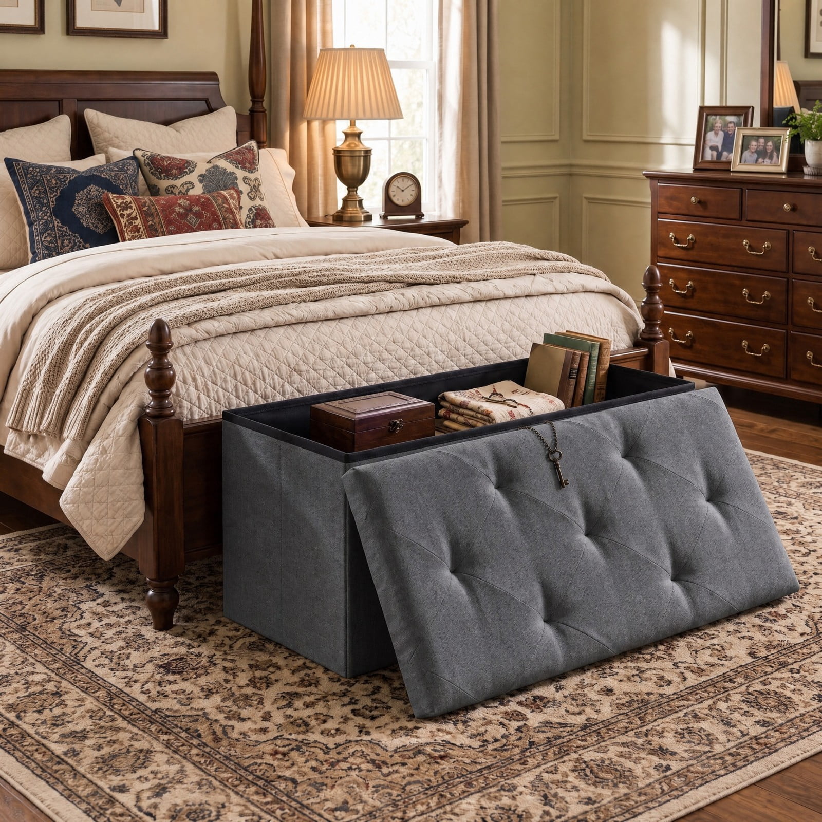 Telyra 43" Foldable Storage Ottoman Bench Fabric Footrest Stool with Foam Padded Seat, Gray