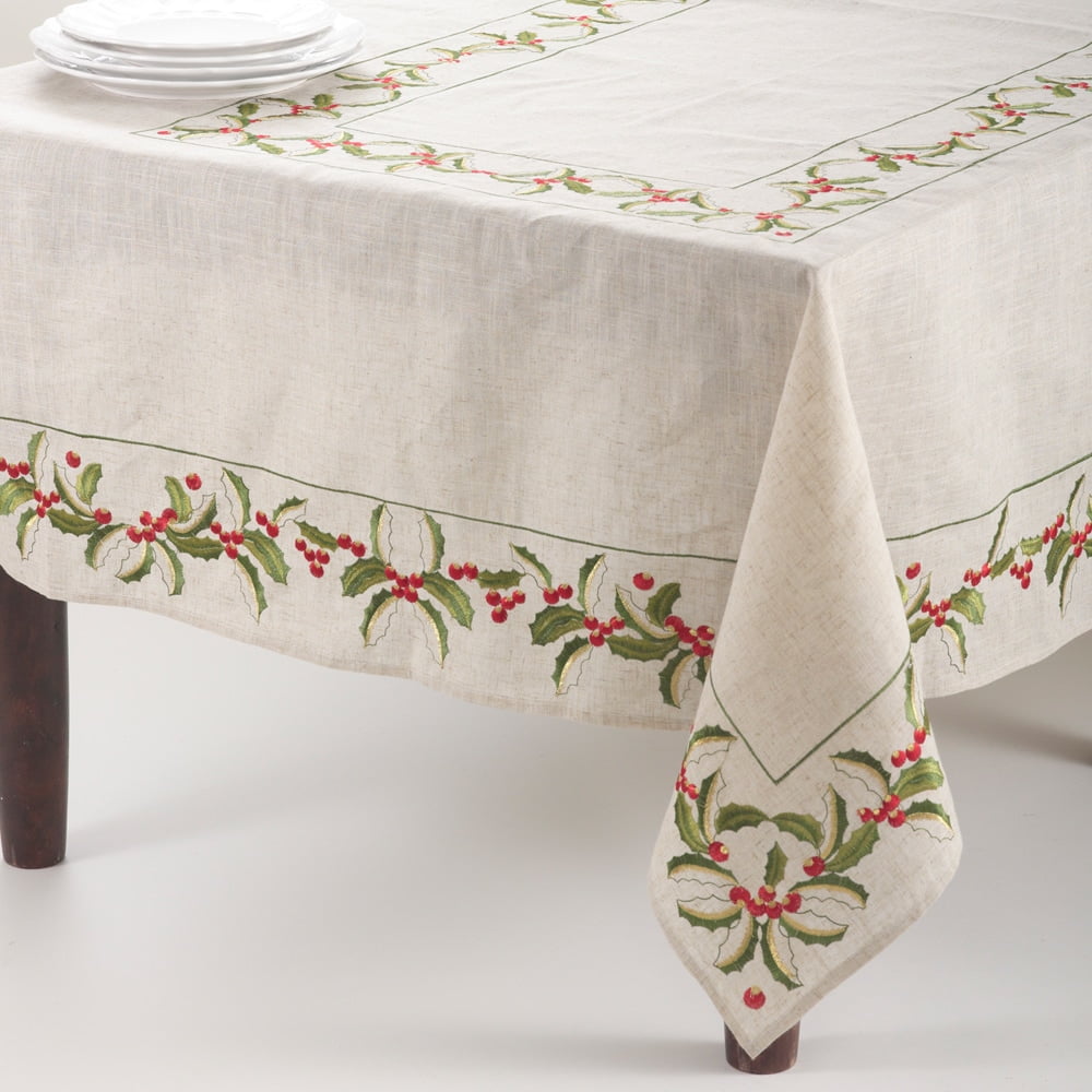 Saro Embroidered Holly Design Holiday Linen Blend Table Runners Saro Embroidered Holly Design Holiday Linen Blend Table Runners