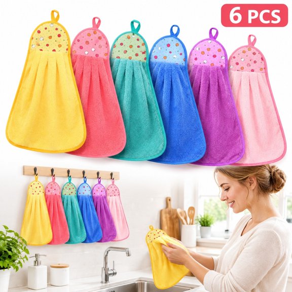 Hanging Kitchen Hand Towels, 6 PCS Soft Plush Fleece Hand Towels with Loop, 15.7 x 11.8 in Absorbent Dish Cloths in 6 Colors