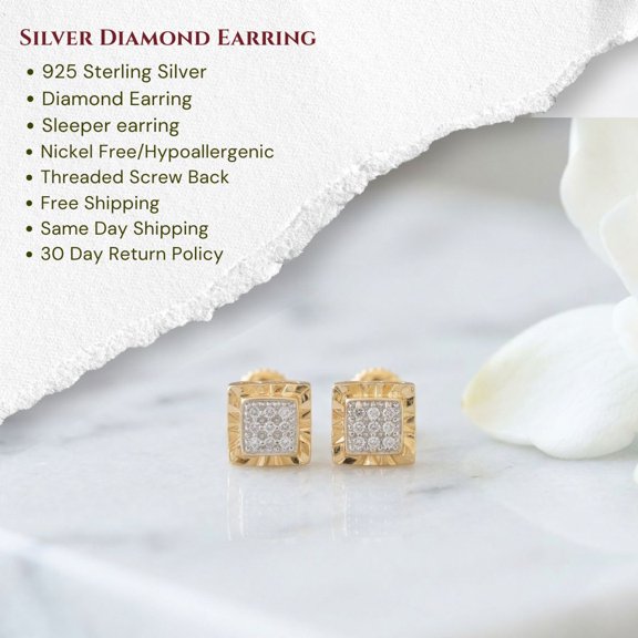 King of Bling's 0.05ct Diamond For Yellow 925 Sterling Silver Men's & Women's Square Earrings