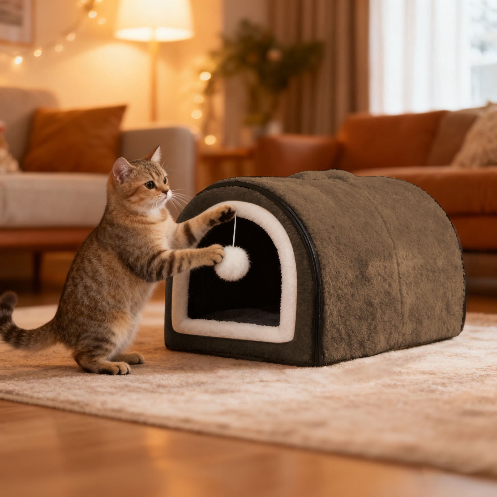USB Heated Cat Bed for Indoor Cats-Semi-Enclosed Cat Cave with 4 Temperature Control, Arched Roof&Anti- Bottom, 2-in-1 Thermo Pet Bed for Winter,Warm Washable Bed for Cats Dogs