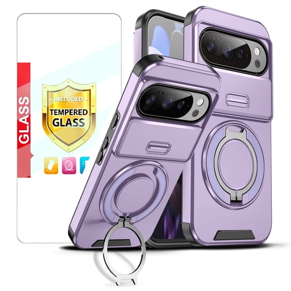 Kryonix for Google Pixel 10 Pro 6.3'' Case with Tempered Glass Screen Protector,Slide Camera Cover,Dual-Layer Hybrid Shockproof Magnetic Ring Holder,Rugged Slim Cell for Women Men,Purple