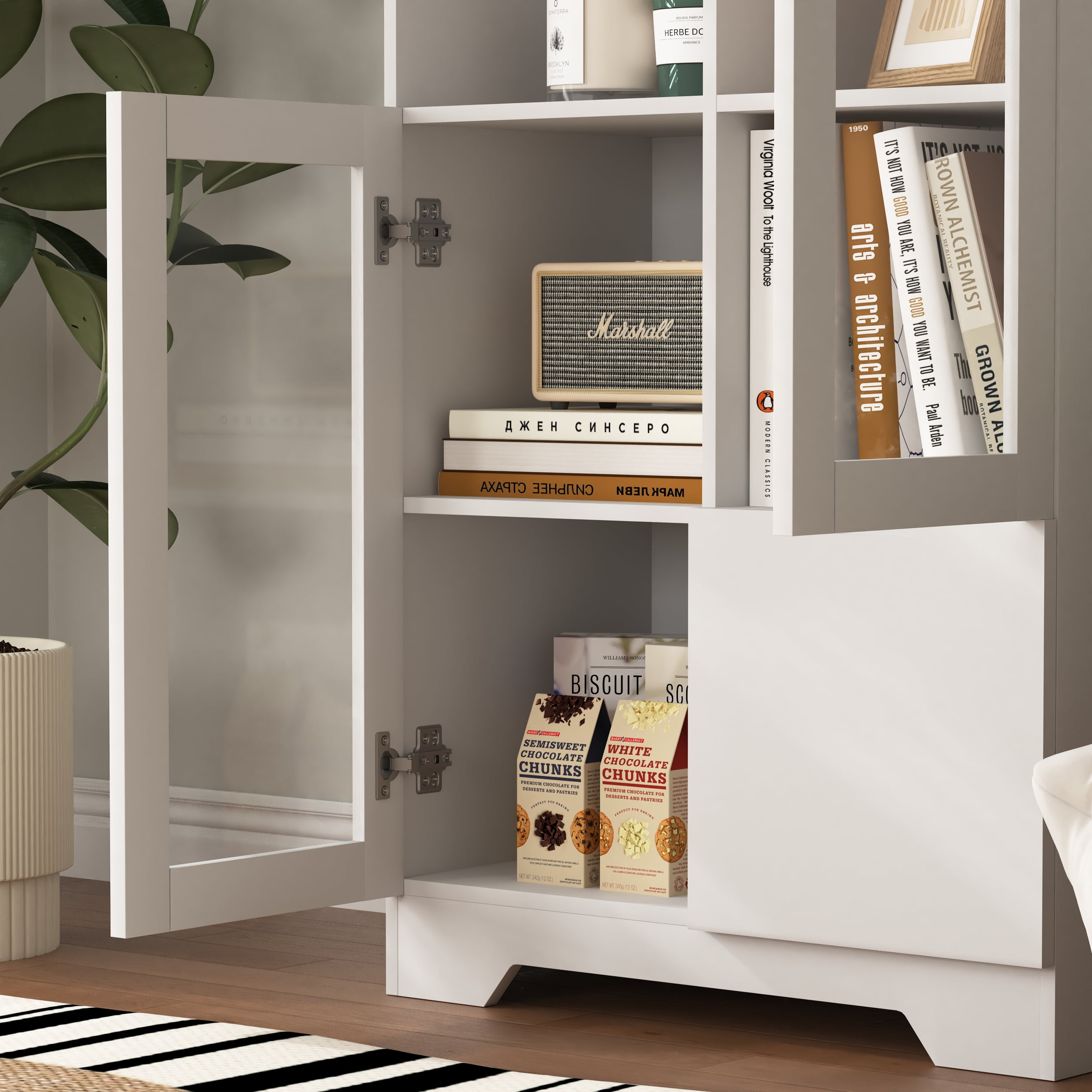 MAYEERTY White MDF Cabinet with Glass Doors & Drawer, Modern Storage Cabinet for Living Room & Bedroom, White