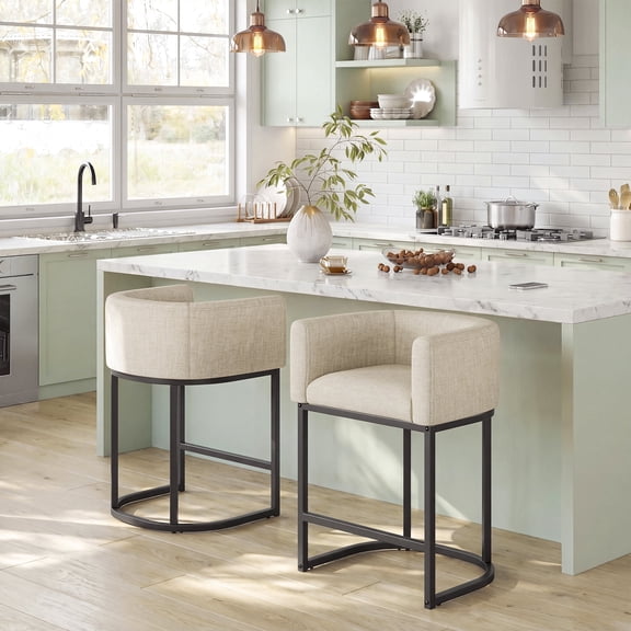 26" H Chenille Counter Height Bar Stools Set of 2, Upholstered Barrel Bar Stools with Backrest & Armrests, Modern Accent Dining Stools for Kitchen Island, Home Bar, Beige