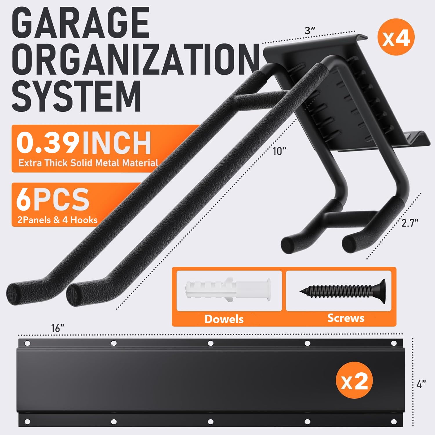 Behome Garage Tool Organizer Wall Mount, Heavy Duty Steel Garage Storage Rack, Max 300lbs Adjustable Garden Tool Organizer with 4 Hooks for Shovels, Power Tools