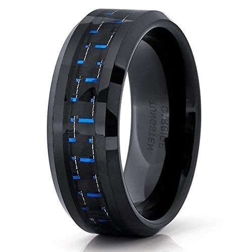 Silly Kings Jewelry 8mm Black Tungsten Ring - Blue Carbon Fiber - Tungsten Wedding Band (10)