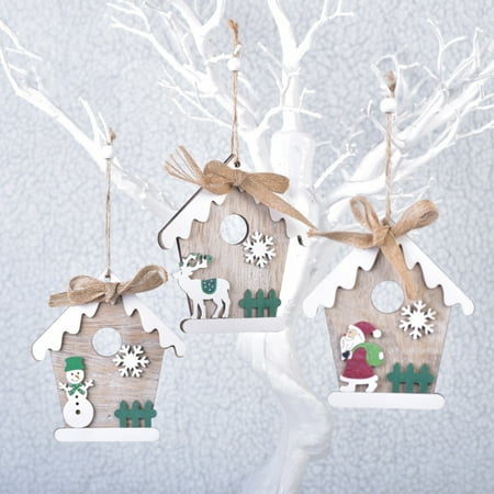 

Cute Wood House Santa Claus Snowman Elk Shape with Bowknot Christmas Pendant White Wood