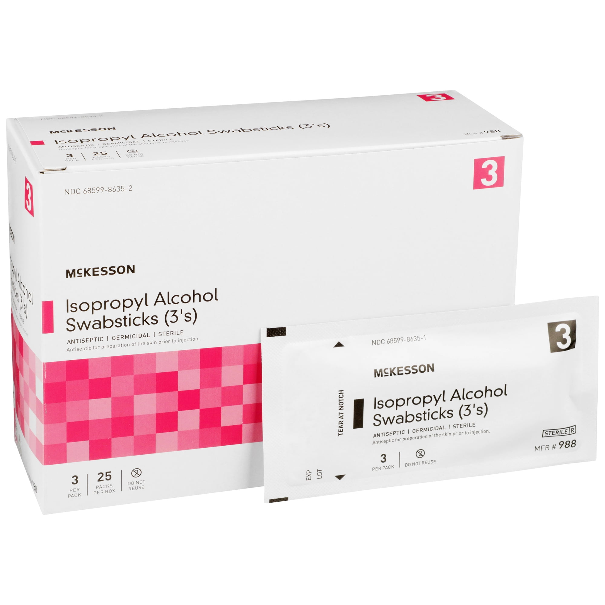 McKesson Isopropyl Alcohol Swabsticks, Sterile, Individual Packet, 3 Sticks, 250 Packs, 750 Total