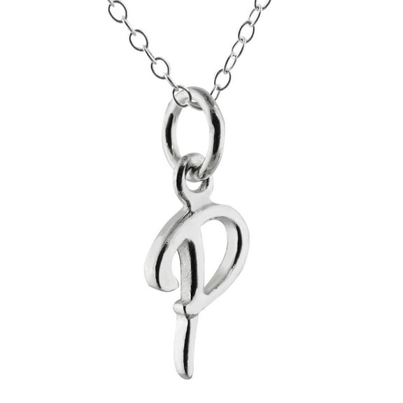 Sterling Silver Tiny Initial Letter P Charm Necklace, 18" Chain, Cursive Handwriting