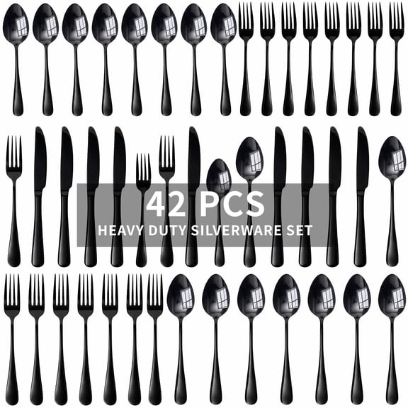 Kikcoin 42 Pcs Silverware Set for 8, Stainless Steel Flatware Set, Mirror-Polished Spoons, Forks and Knife Set, Cutlery Utensils Set for Kitchen, Wedding and Restaurant, Black
