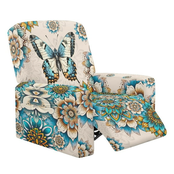 LedBack Boho Mandala Print Slipcovers for Recliner Sofa Butterfly Print Sretch Couch Covers Lazy Boy Chair Covers with Pockets for Living Room, Blue and Beige