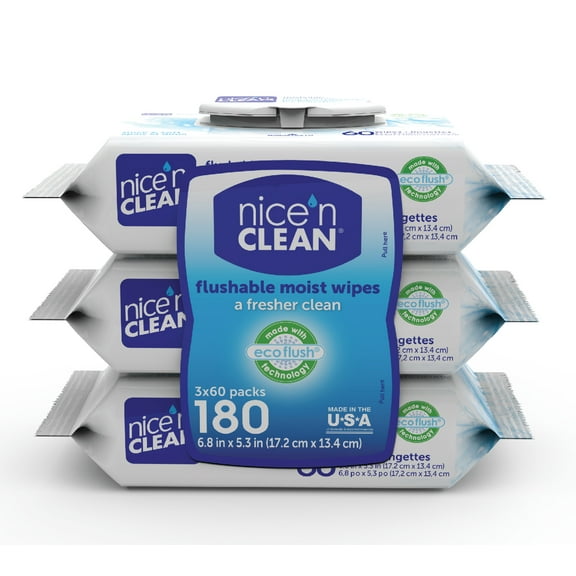 Nice N Clean Plant-Based Flushable Wet Wipes, 3 Flip-Top Packs (180 Total Wipes)
