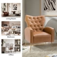 thumbnail image 3 of Vegan Leather Accent Chair Upholstered Wingback Armchair Tufted Back Gold Leg Lounge Club Sofa Chair Living Room Bedroom Camel, 3 of 8