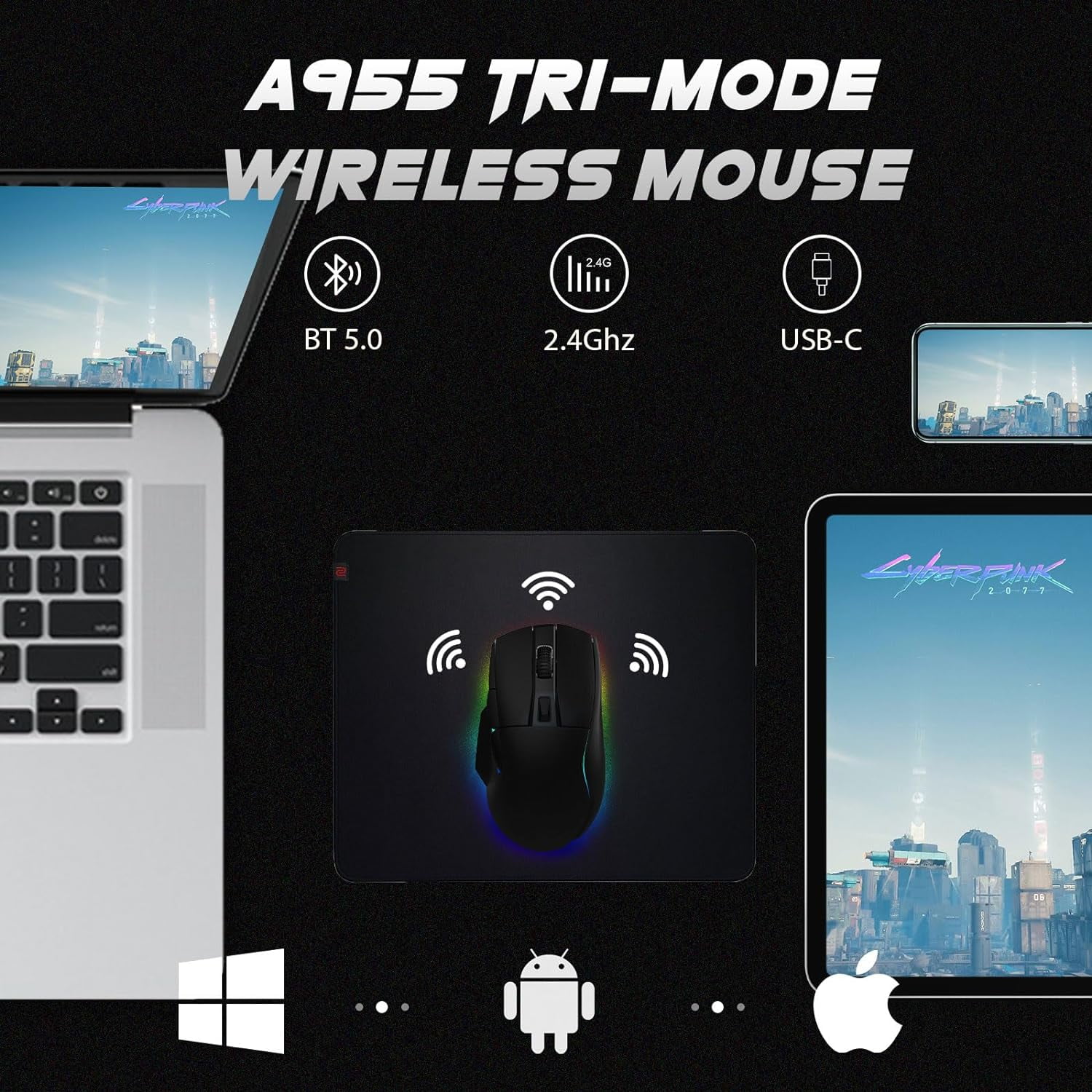 DAREU A955 Lightweight Wireless Gaming Mouse with RGB Charging Dock: Tri-Mode 2.4G/USB-C/BT Mouse Up to 12K DPI Optical Sensor -KBS II Buttons Fully Programmable- 120 Hr Battery