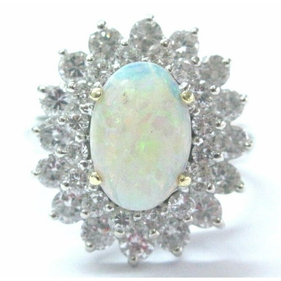 Opal & Diamond Ring Solid 14Kt White Gold 3.20 ct IGI Certified very sparkly