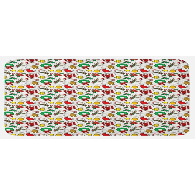 Christmas Kitchen Mat, Celebration of Xmas Garland Candy Cane Snowman Mistletoe Tree Ornaments, Plush Decorative Kitchen Mat with Non Slip Backing, 47" X 19", Multicolor, by Ambesonne