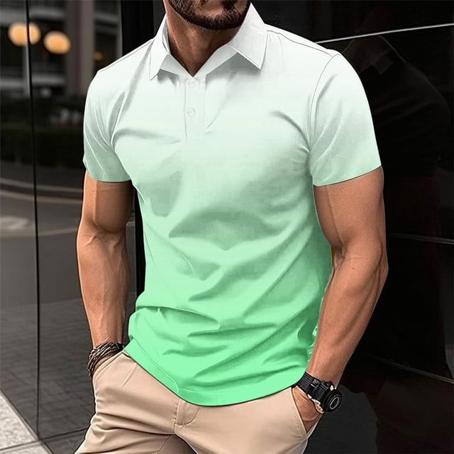 EOYWHK Button Up Shirts Men Business Casual Golf Shirts Gradient Color Muscle Shirts Short Sleeve Collar Work Blouse