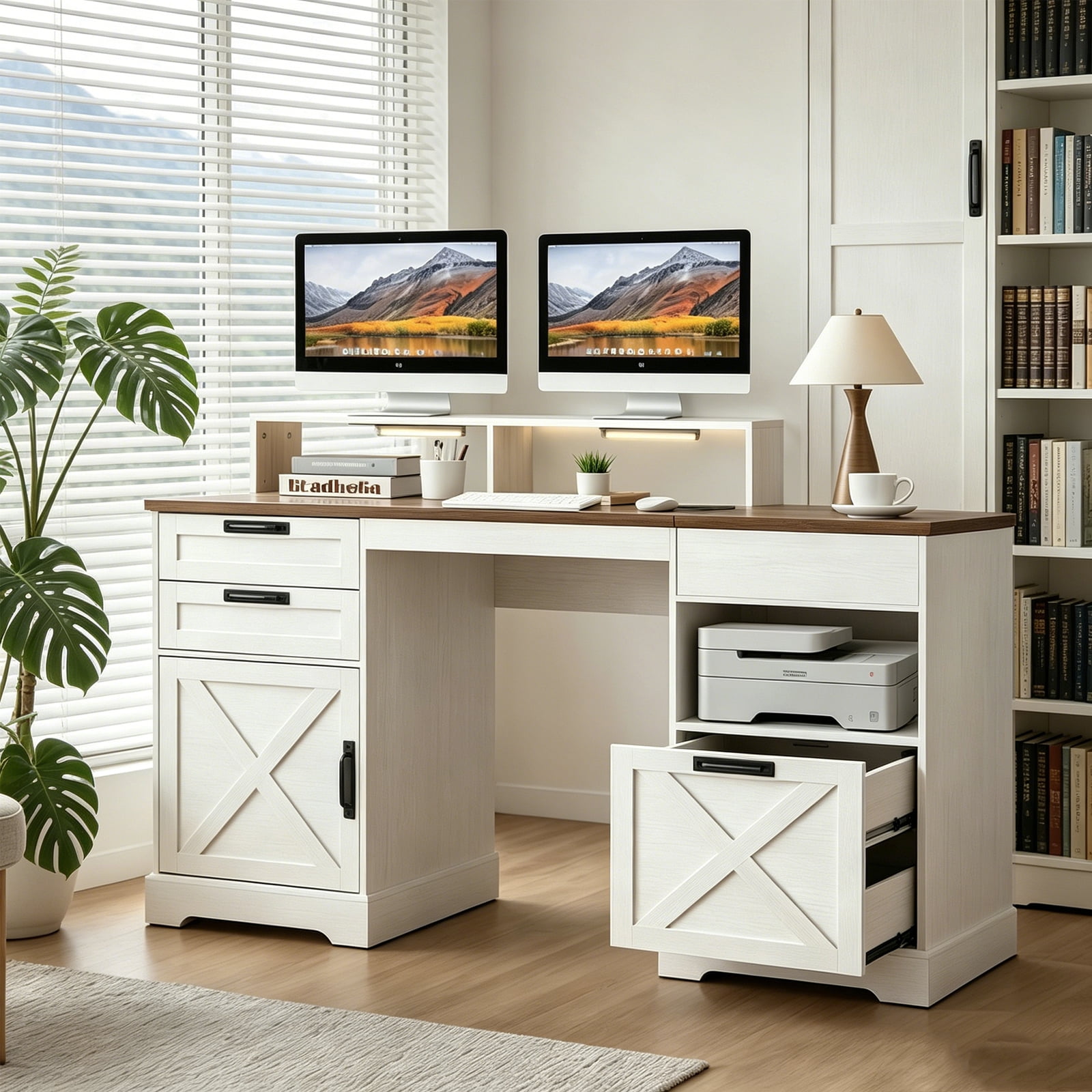 Executive Desk with File Drawers, 63" Farmhouse Home Office Desk with Lift Table LED Light, Charger, Cable Management, Farmhouse Gaming Desk, Antique White