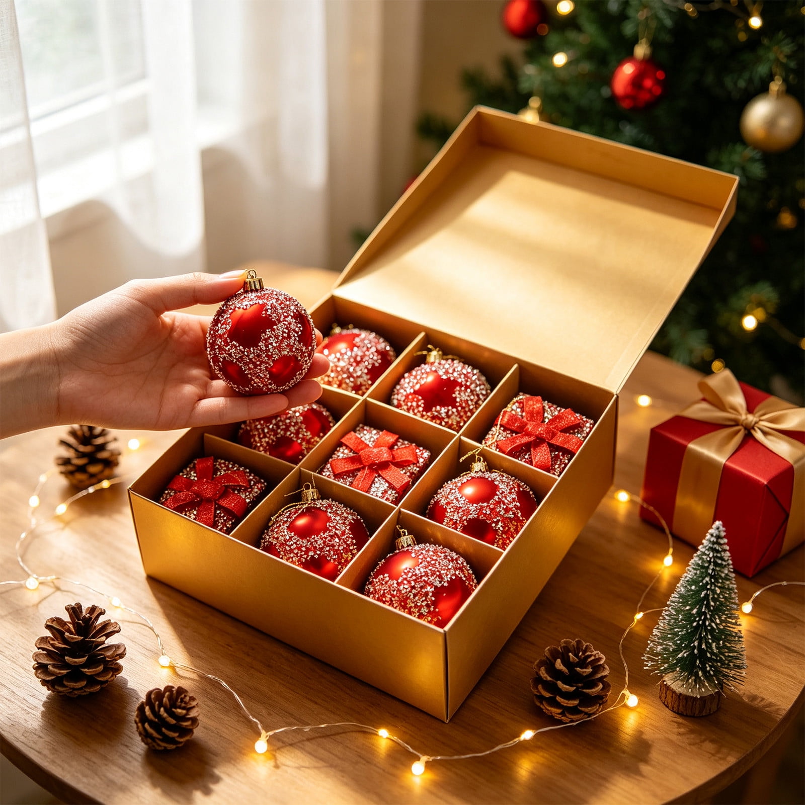 Glitter Christmas Ball Ornaments 9 Pieces in Box PVC Hanging Decorations for Tree Party Festive Decor
