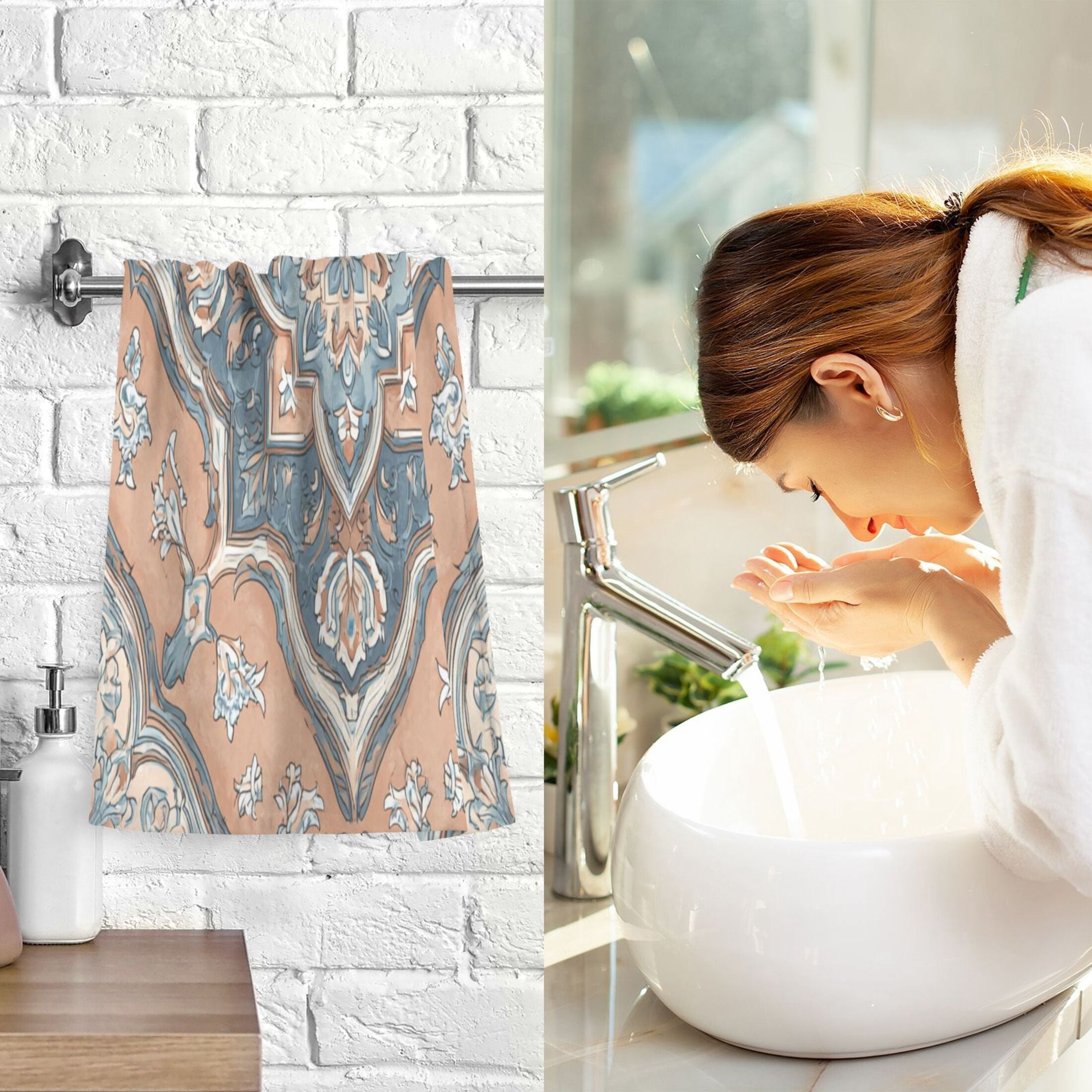 2 Pieces of Cotton Towel Face Towel Set Hand Towel Bath Towel Cotton Bath Towel Sets Terracotta Mosaic Peach Accents