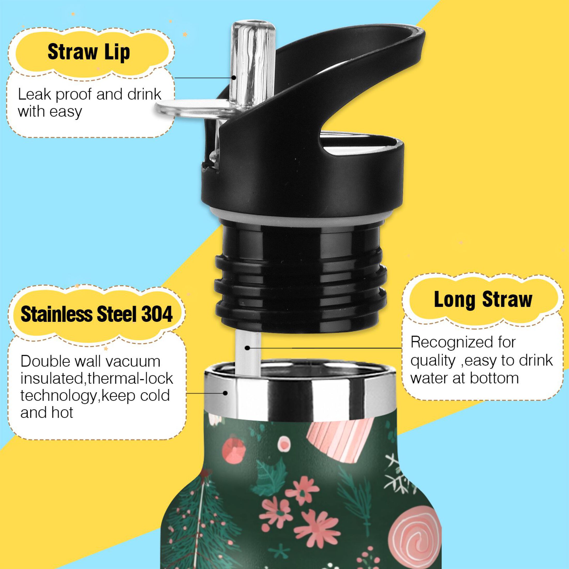 600ML Stainless Steel Insulated Cup Sports Water Bottle Portable Thermos Cup Water Glasses Insulated Tumblers Convenient and Durable Christmas Elements