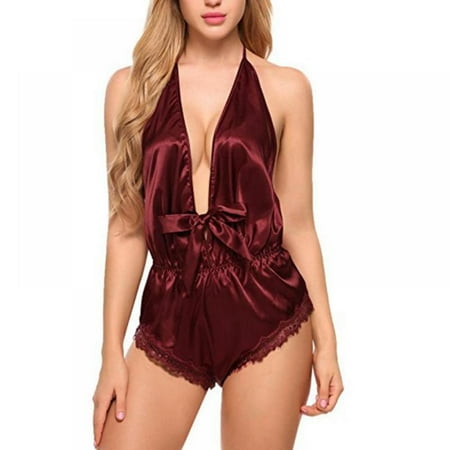

Women Lingerie Satin Bodysuit Teddy Babydoll One Piece Halter Pajamas Deep V Jumpsuit Short Nightwear
