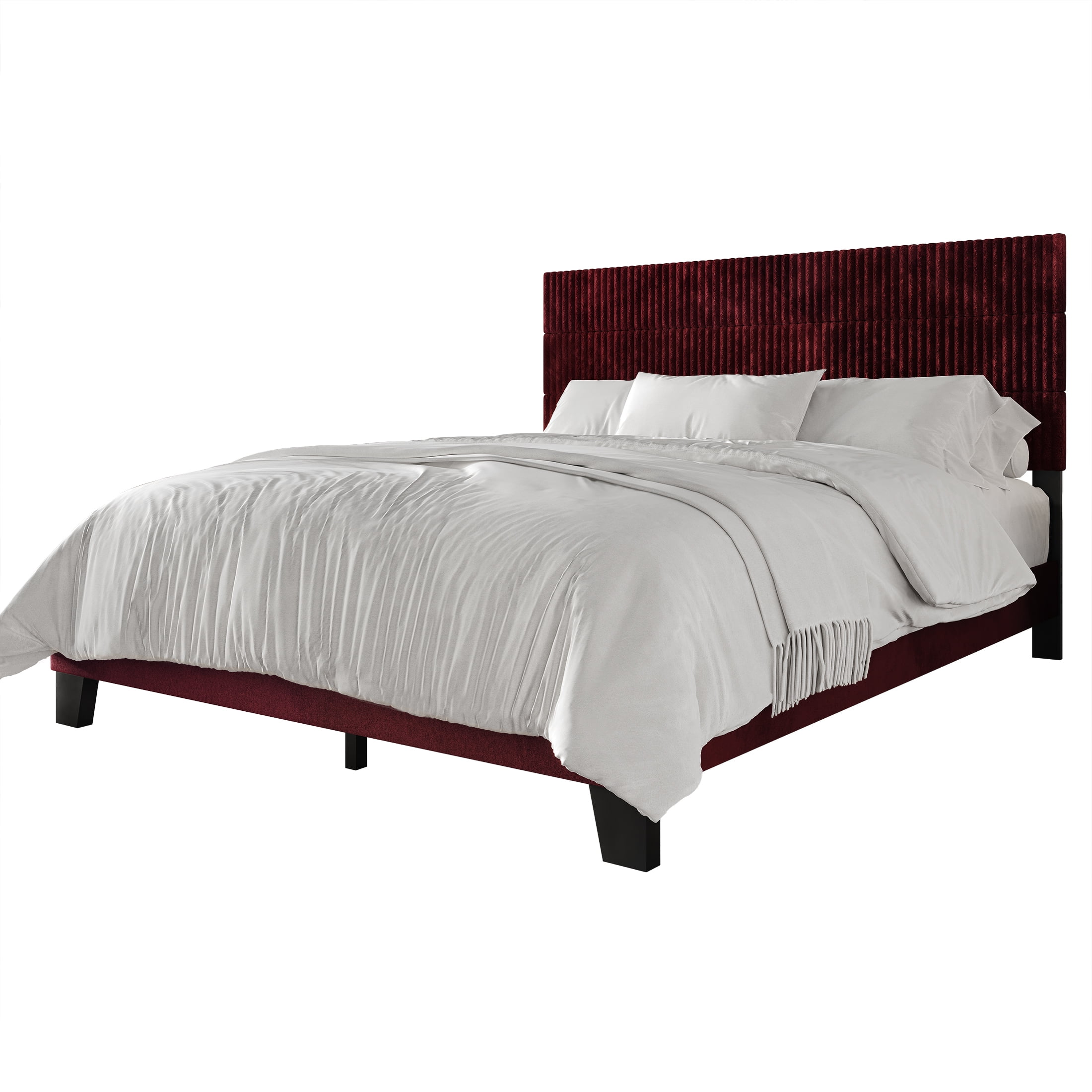 Castle Place Contemporary Corduroy Pleated Velvet Upholstered Queen Platform Bed, Red