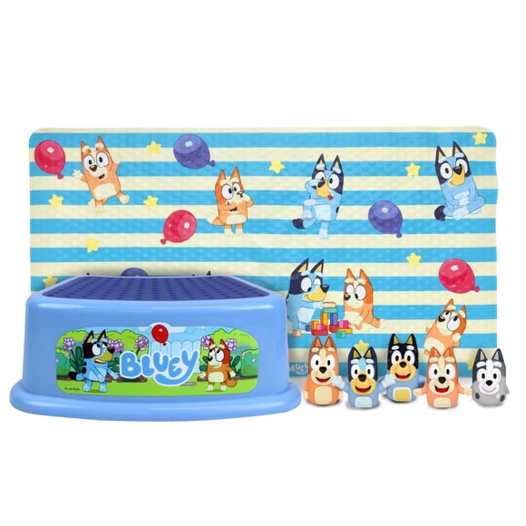 Set de Diversión para Baño Ginsey Bluey con Títeres de Dedos, Alfombra y Banquito