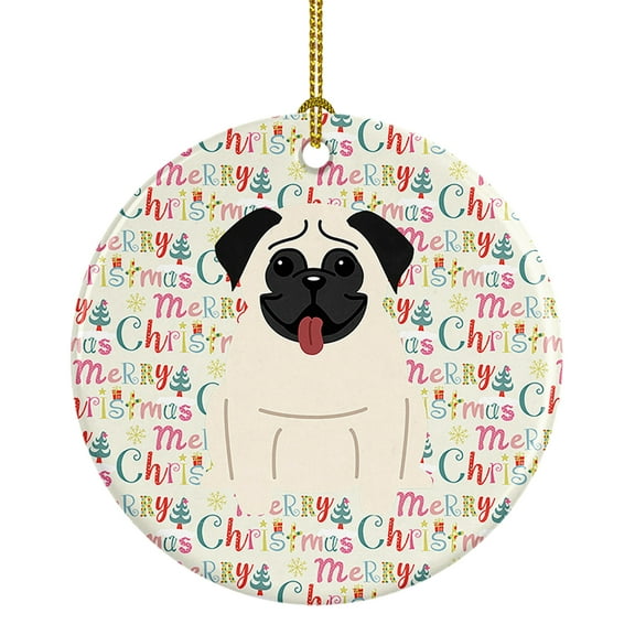 Merry Christmas Pug Cream Ceramic Ornament 2.8 in x 2.8 in