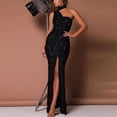 thumbnail image 5 of TAGOLD Womens Evening Dress,Summer Dress for Womens,Women Fashion Versatile Hanging Neck Single Shoulder Sleeveless High Slit Sequin Gold Velvet Formal Dress, 5 of 5