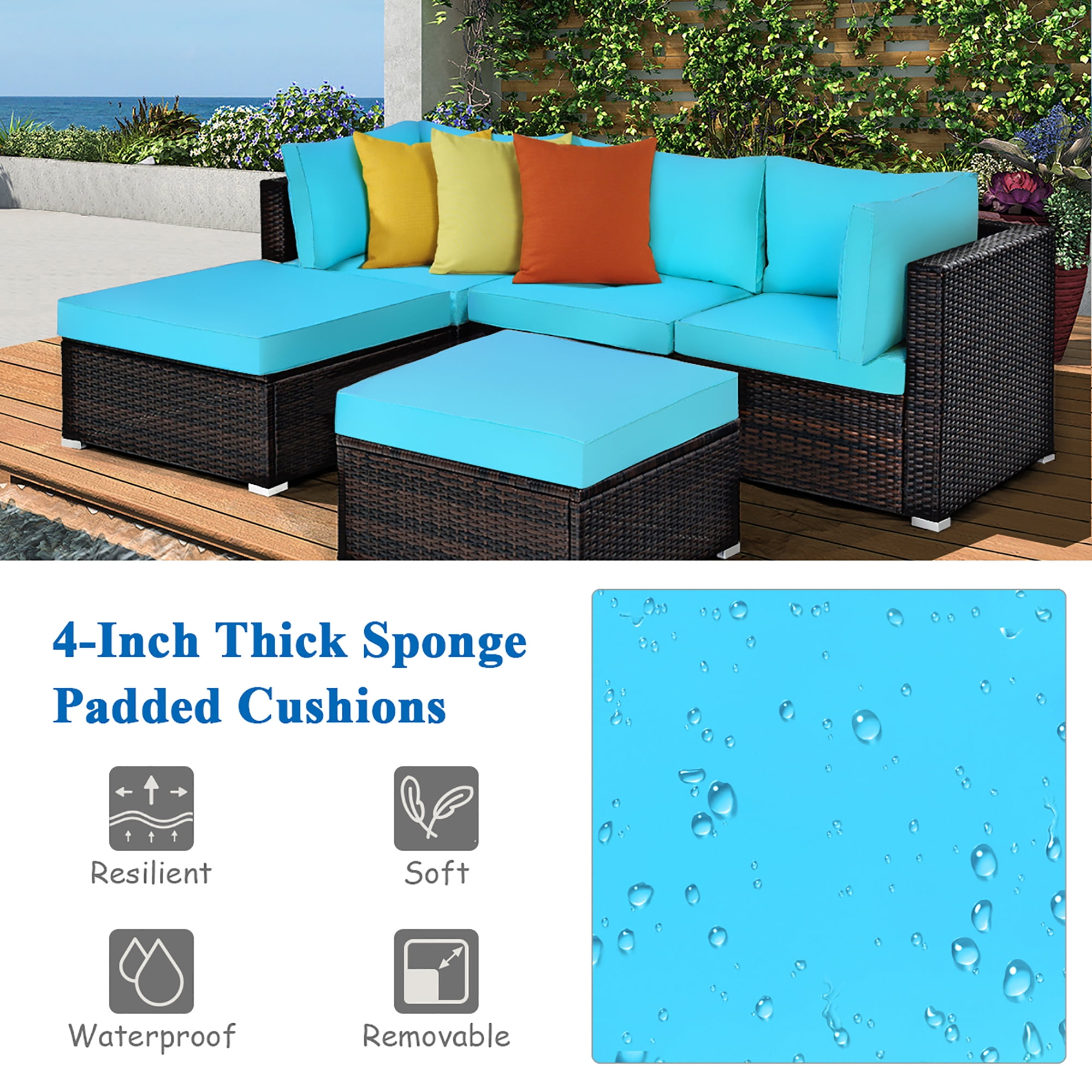 Costway 5PCS Patio Rattan Sectional Conversation Set Ottoman Turquoise