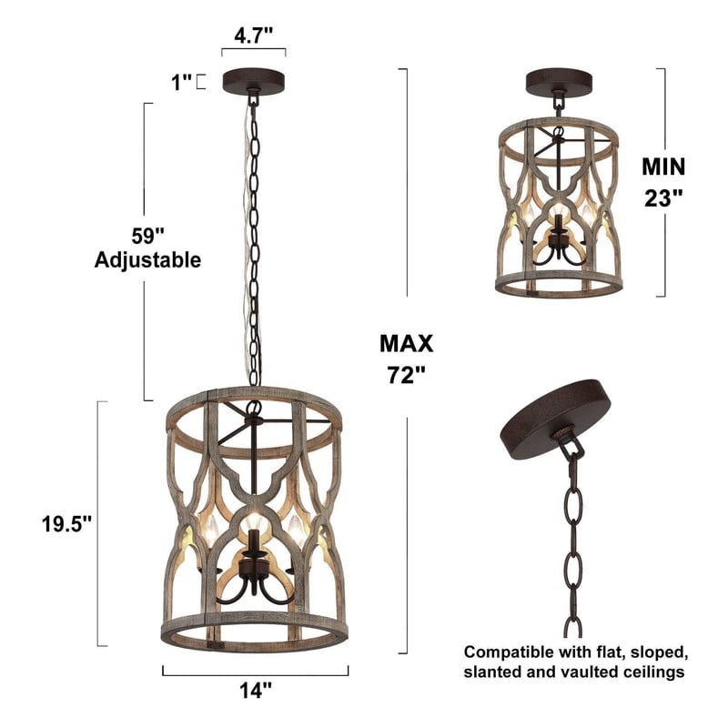 LNC 3-Light Distressed Grayish Wood and Rustic Bronze Cylinder Farmhouse Chandelier