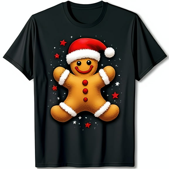 Funny Gingerbread Man Christmas T-Shirt Smiling Cartoon Design with Santa Hat & Frosting on Black Background