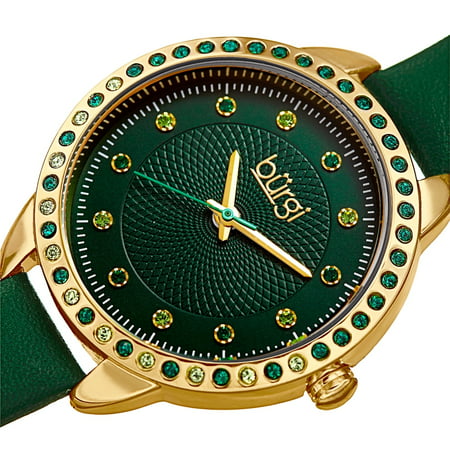 Burgi Women's Quartz Swarovski Crystal Watch with Leather Strap Gold-Tone/Green