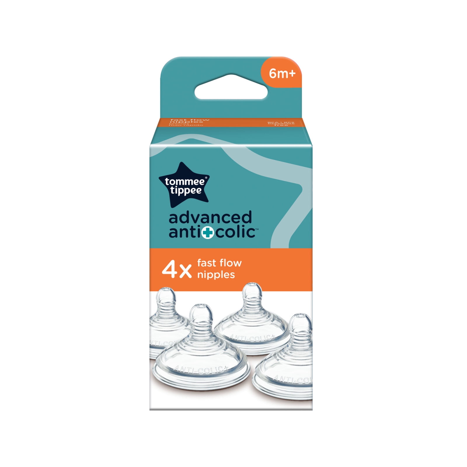 Tommee Tippee Advanced Anti-Colic 4x Fast Flow Nipples, 6+ Months, Brest-Like, Soft Silicone