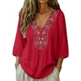 thumbnail image 2 of Boho Embroidered Tunic Tops for Women - Floral V-Neck Peasant Blouse, Loose Fit 3/4 Sleeve Casual Summer Shirt Red M, 2 of 8
