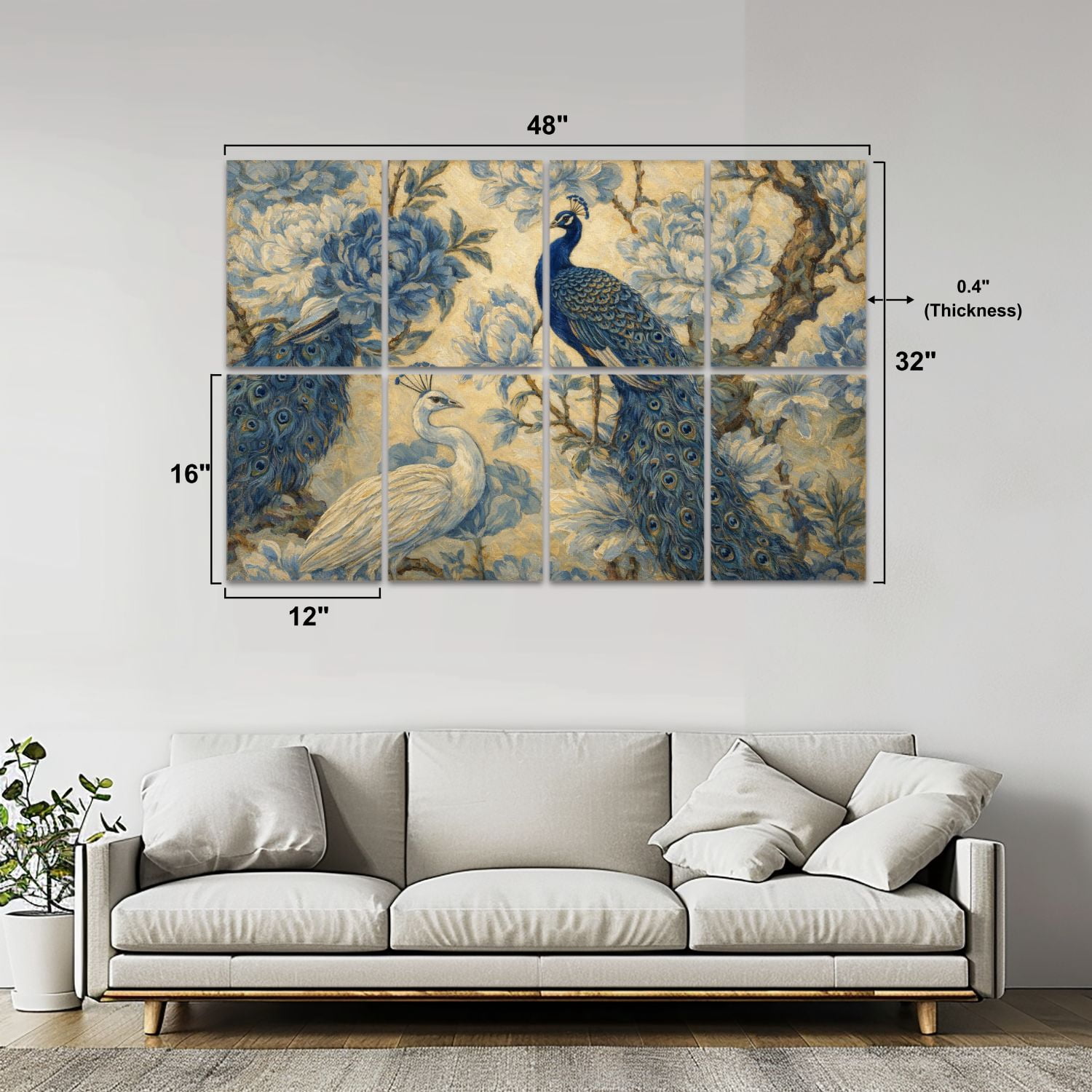 Rustic Farmhouse 8 Pack Art Acoustic Panels Sound Absorbing Seamless chinoiserie peacock birds peonies blue color Decorative Soundproof Wall Panels Self Adhesive for Nursery Game Room Bedroom 48"x32"