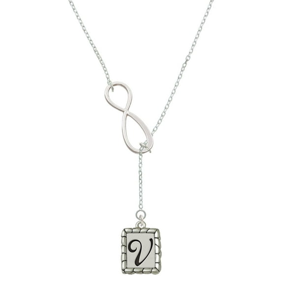 Delight Jewelry Silvertone Pebble Border Initial - V Silver tone Elegant Infinity Lariat Necklace