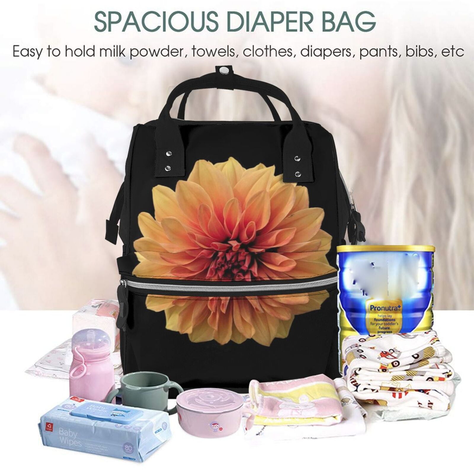 Ratiio Orange Dalia Mummy Backpack - Waterproof Twill Canvas, Large Capacity Diaper Bag with Multiple Pockets and Adjustable Straps