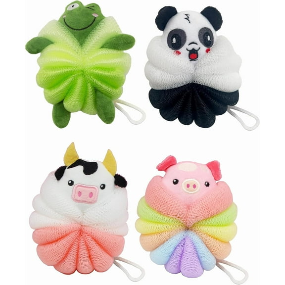 4x Kids Mesh Sponges Shower Loofah Bath Sponge with Stuffed Animal Toy Pouf Puff