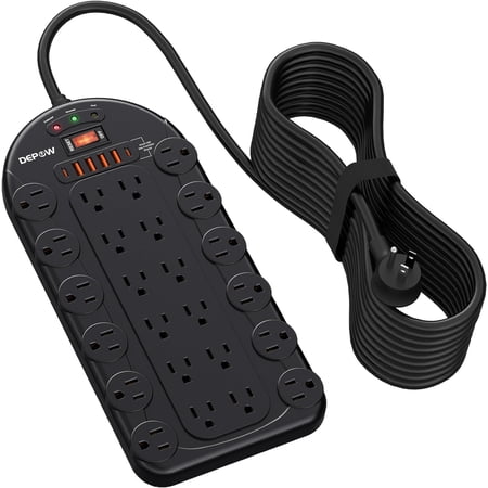 15Ft Power Strip Surge Protector (3,400 Joules), DEPOW 24 AC Multiple Outlets (1875W/15A) with 6 USBs (2 USB-C Ports),