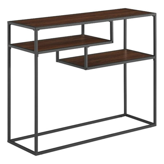 Pemberly Row 42" Metal and Wood Tiered Shelf Entry Table - Dark Walnut/ Black